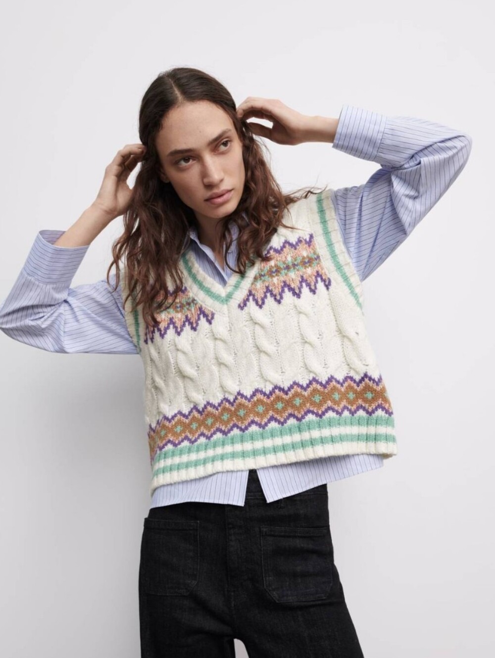 ZARA Colorful Fair Isle Cable-Knit V-Neck Sweater Vest M